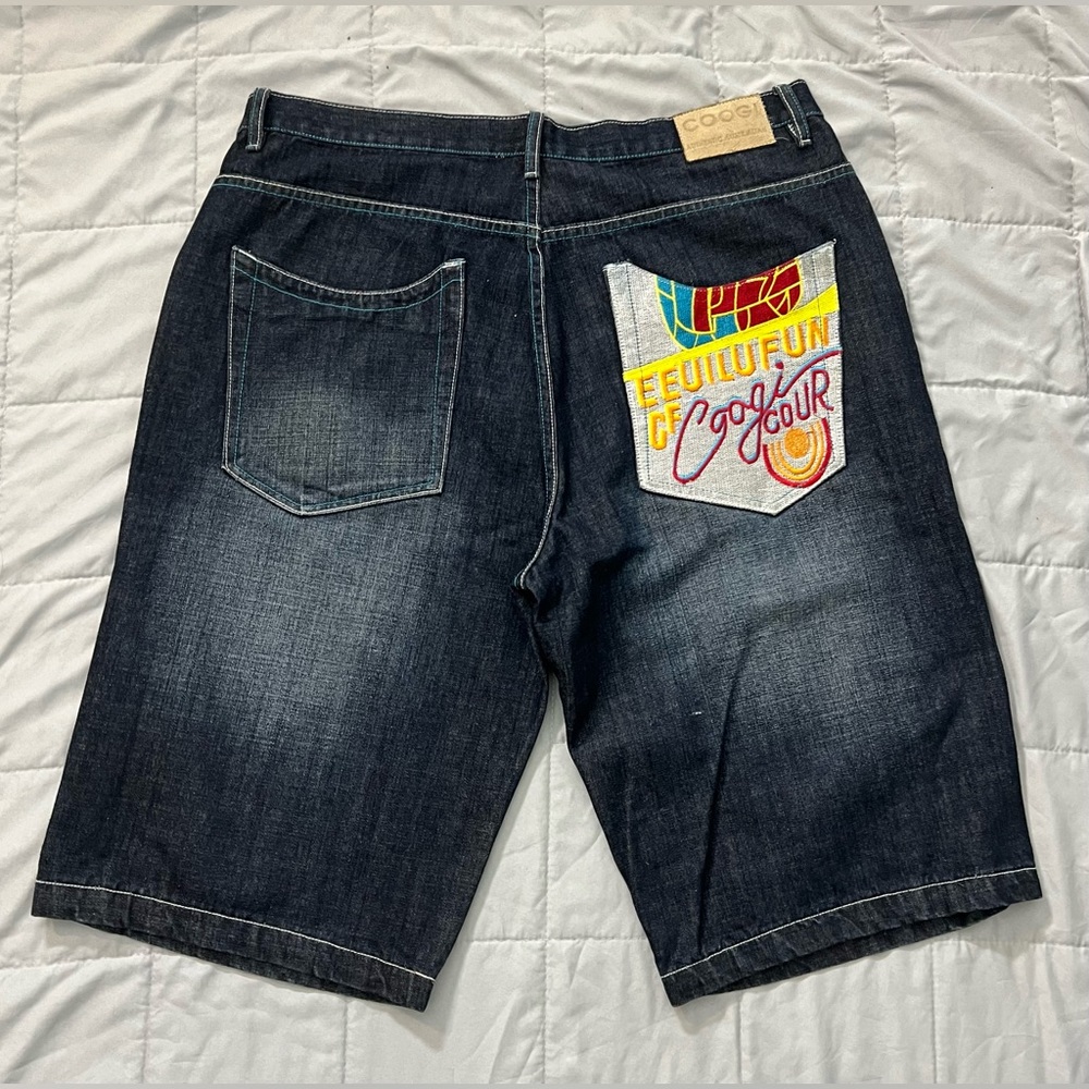 Coogi Denim Shorts W 40 L 15 embroidered pocket design Bright Colors Faded denim